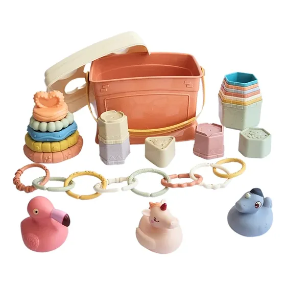 Set De Juego Para Bebe Apilar Encastrar Bañera Ensarte Goma Color Pastel Baby Favorite