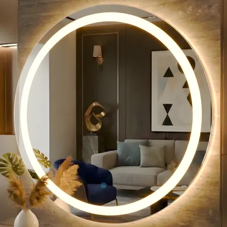 Espelho Redondo C/ Led 90cm De Parede 3 Cores Luxo Jateado