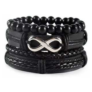 Pulsera Hombre Cuero Genuino Set 4 En 1 Brazalete Infinito Pulsera Hombre Cuero Genuino Set 4 En 1 Brazalete Infinito