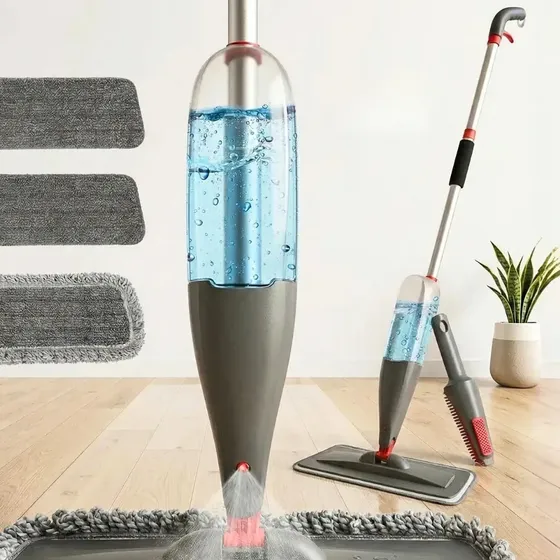 Mop Spray Com Reservatório 800ml E Cabo Alumínio 3 Refis Microfibra Lavável Cabeça Giratória 360° Es