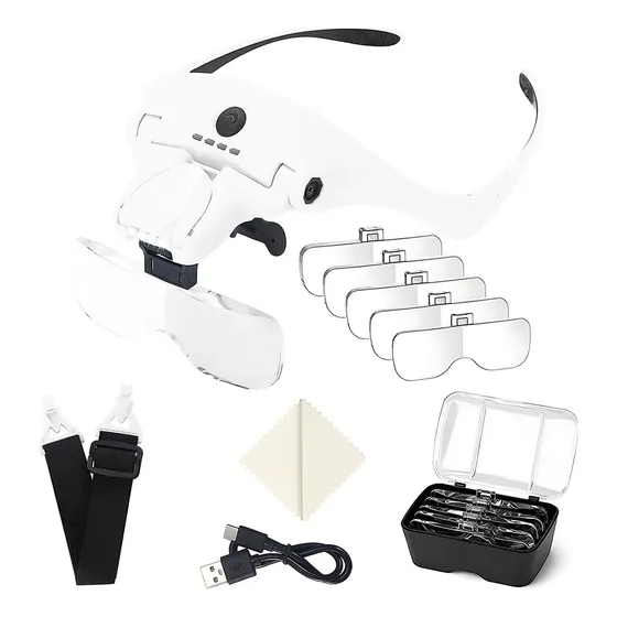 Lentes Lupa con 4 Luz LED Recargable Para Pestañas Microblading Montada Cabeza Mano Libre 5 Lente Aumento Desmontable 1x 1.5x 2x 2.5x 3.5x, Gafa Lente para Reparación Reloj Joya Trabajo Lectura
