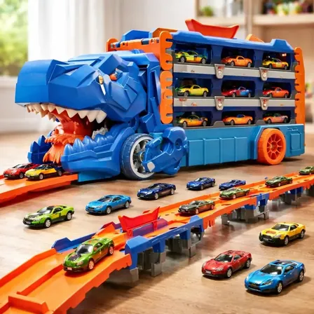 Caminhão Dinossauro Pista Com Carrinhos Maleta Transporte Azul