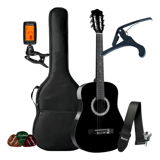 Kit Violao Acustico Iniciante Estudante Bravo An100 Completo Cor Bk - Black Material Do Diapasão Padrão Orientação Da Mão Destro