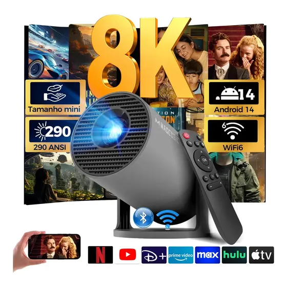 Projetor Portátil Magcubic Hy300pro Mini TV FULL HD 8k Android 14 Wifi 6 290 ansi Cor Cinza Cinema e