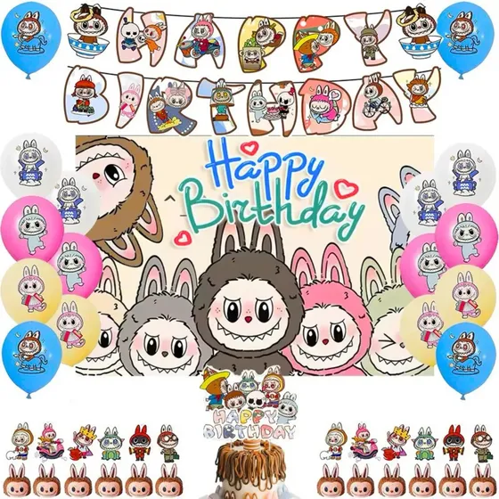 Cotillón Labubu Cumpleaños + Tela De Fondo