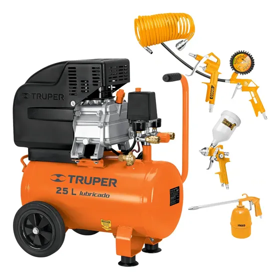 Combo Compresora 25 Litros Truper + Accecorios Ingco Color Naranja Fase eléctrica Monofásica | Cuotas sin interés