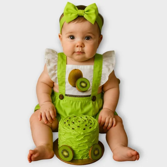 Jardineira Romper Temático Frutas Bunda Rica Com Laço Bebê