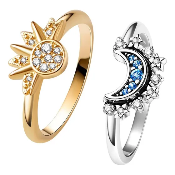 . Sol Brillante Luna Con Conjunto De Anillos Pareja