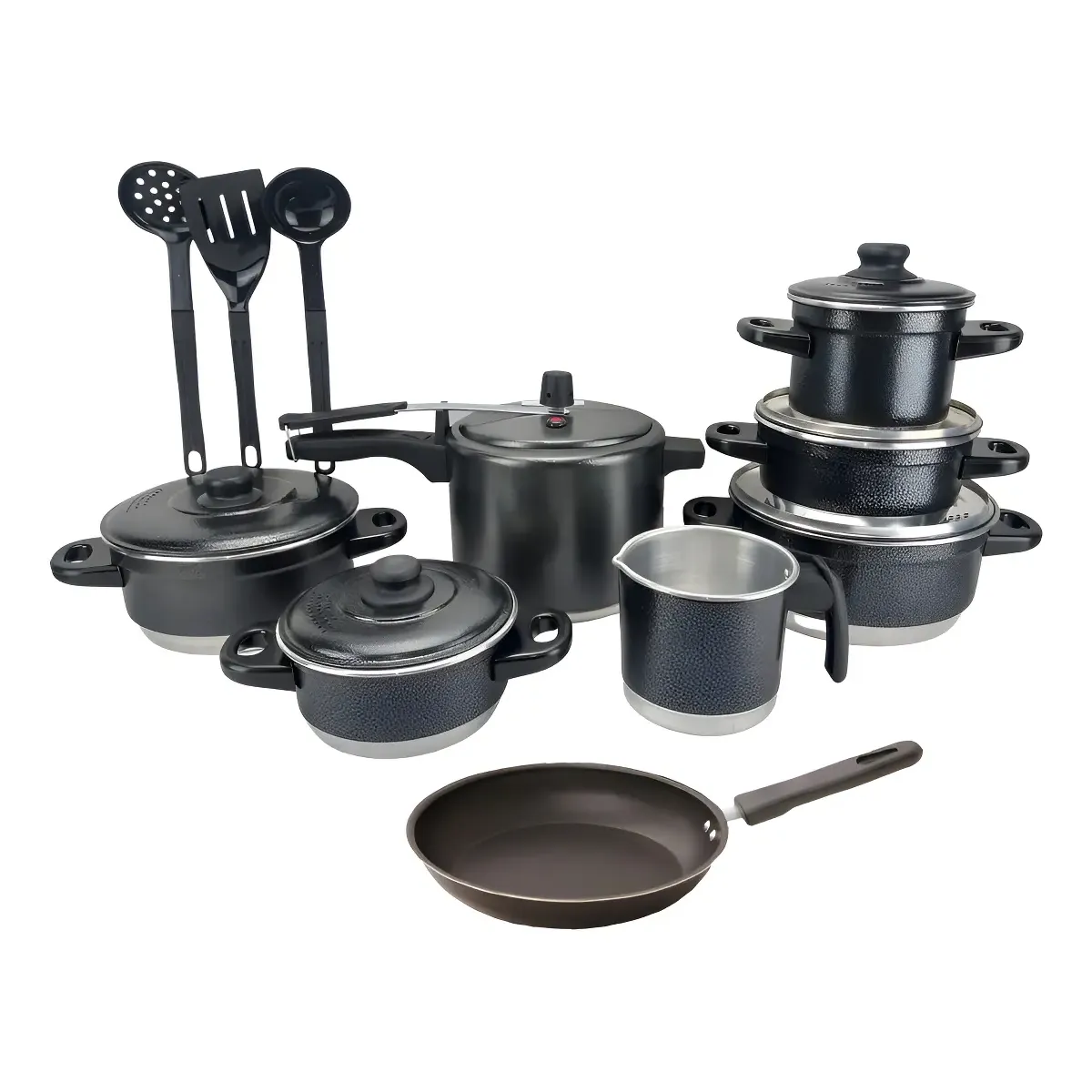 Jogo de Panelas Extra Forte Luxo 12 Peças com Panela de Pressão e Frigideira Antiaderente Preto Craqueado