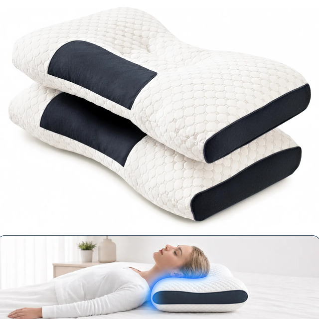 Dois travesseiros cervicais ortopédicos brancos com detalhes em azul escuro, exibidos em uma composição que mostra o produto isolado e uma pessoa utilizando-o em uma cama.
