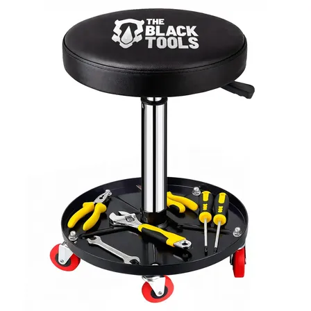 Banqueta Giratória 360º Regulável Com Bandeja Mecânico 150kg Estetica Oficina Auto Com Rodízio BRM1000 The Black Tools