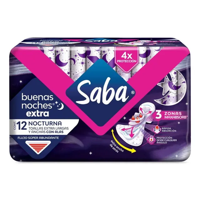 Toallas Femeninas Saba Buenas Noches Extra con Alas 12 Toallas