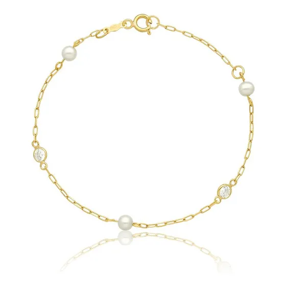 Pulseira Infantil Com Pérolas E Zircônia Em Ouro 18k - 15 Cm