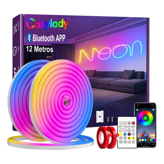 Cozylady Tiras De Neón Flex Led Rgb Bluetooth 12m Impermeable App Control Luces Led Para Cuarto Tv Bar Habitación Gaming Fiesta Sincronización De Música Diy