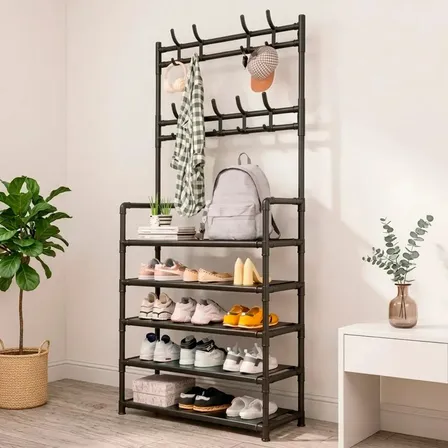 Zapatero De 5 Niveles Perchero Acero Metálico Organizador 2 En 1 Zapatera Armable Con 8 Ganchos Almacenamiento Para Tenis Fsy Fasilyt Negro Negro 5 Niveles