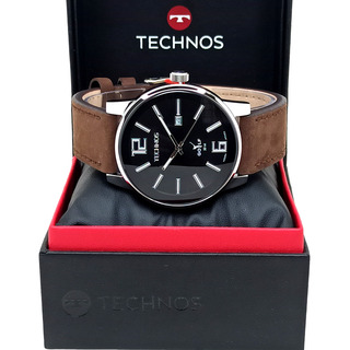 Relógio Technos Pulseira De Couro Aço Prateado Redondo Relógio Technos Pulseira De Couro Aço Prateado Redondo