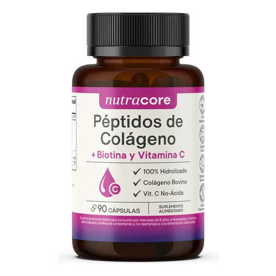 Péptidos De Colágeno Hidrolizado + Biotina Y Vitamina C No-ácida - 90 Cápsulas | Nutracore