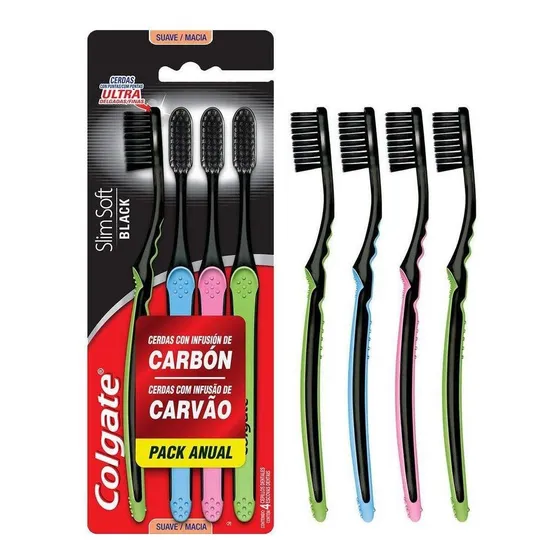 Kit de Escovas De Dentes Colgate Slim Soft Black Com 4 Unidades