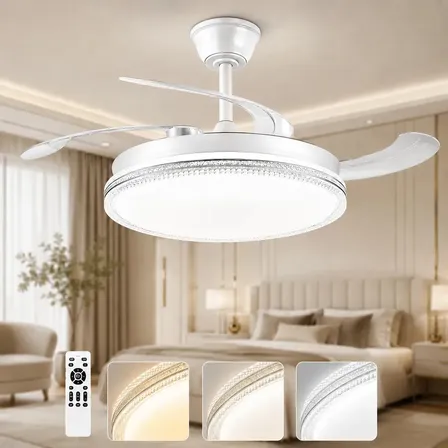 Ventilador de Teto com Luz LED Retrátil Silencioso 60W, Luminária de Teto Plafon com Controle Remoto, 3 Cores de Luz e Dimerização Contínua, para Sala Quarto Jantar, Tieesa Branco