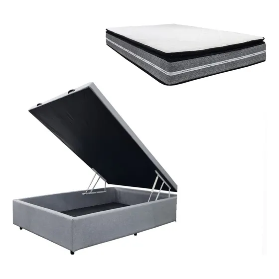Cama Box Baúl 2 Plazas, Lino Gris+ Colchón Propedic- Ártico