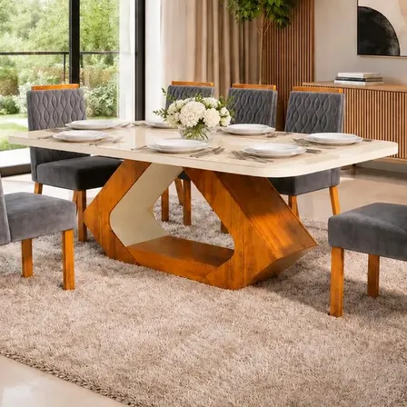 Sala De Jantar 160x80 Lottus Mdf/vidro 6 Cadeiras Bom Pastor Base Naturale Cadeiras Cinza Cotton