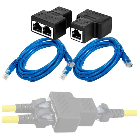 2 Cabos 3m Internet + Par Duplicador Rede 1 Entrada Saídas