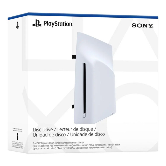 Embalagem do leitor de disco Sony para PlayStation 5 Slim mostrando o acessório e a marca em fundo branco