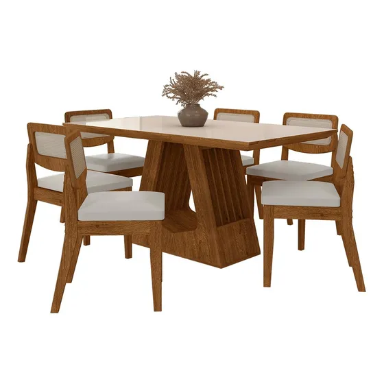 Mesa Santiago 6 Cadeiras Sextavada Freijó/off/c.branco - M.a Cor Freijó/off Premium/corino Bran