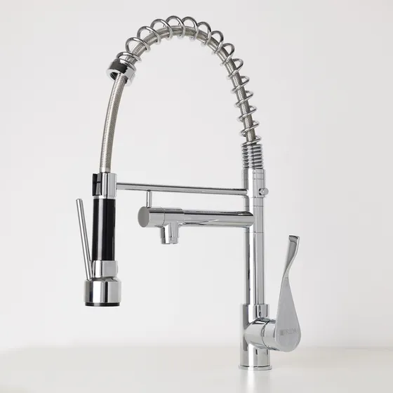 Griferia canilla monocomando Nilo Frida Cocina Gourmet Premium plateado brillante Canilla Doble Sistema Movil 360° Pico aireador Cierre Ceramico De Alta Tecnologia diseño italiano lista para instalar