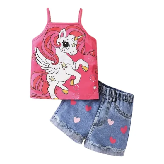 Conjunto Franela Unicornio Y Short De Jean Niña Bebe