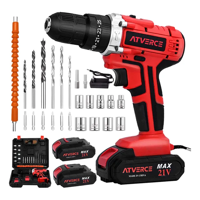 Kit De Taladro Impacto Eléctrico Atverce Atornillador Inalámbrico Color Rojo ED-02 ATVERCE