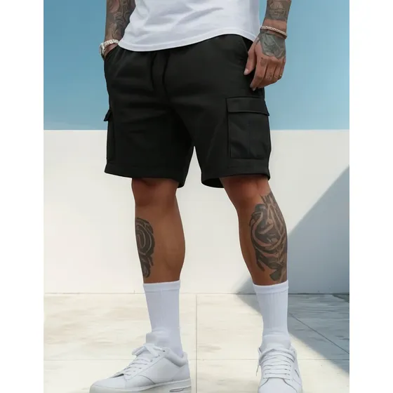 Bermuda Cargo Masculina Sarja Preta Bolso Lateral Com Cordão