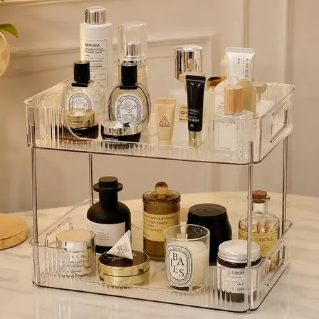 Organizador Prateleira Multiuso Transparente Para Cosméticos Luxo Batom Pincel Esmalte Perfume Blush 2 Andares De Canto Porta Maquiagem Presente Quarto Banheiro Estante Armazenar Suporte Premium