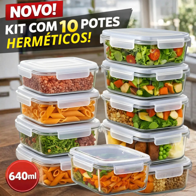 Pote De Vidro Marmita Kit Com 10 Potes Hermético - 640ml Pote De Vidro Marmita Kit Com 10 Potes Hermético - 640ml
