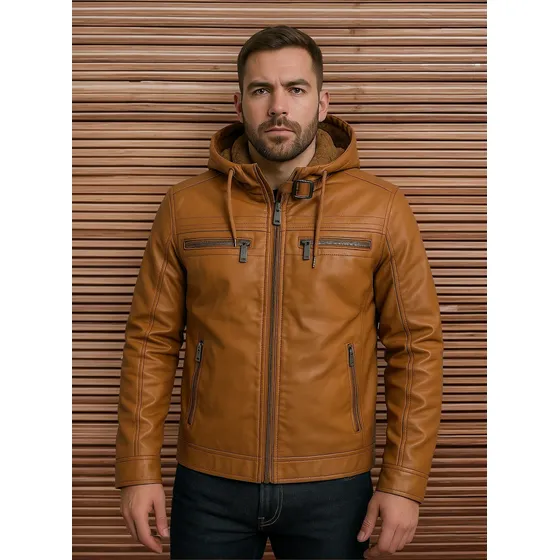Jaqueta Couro Masculina Slim Forrada Com Capuz Removivel