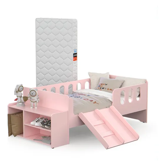 Cama Infantil Montessoriana Baby Conforto Com Colchão Juvenil Escorregador E Sapateira Para Quarto De Criança Menina Cor Rosa