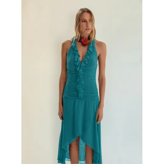 Vestido Iódice Midi Decote V Com Drapeado Azul