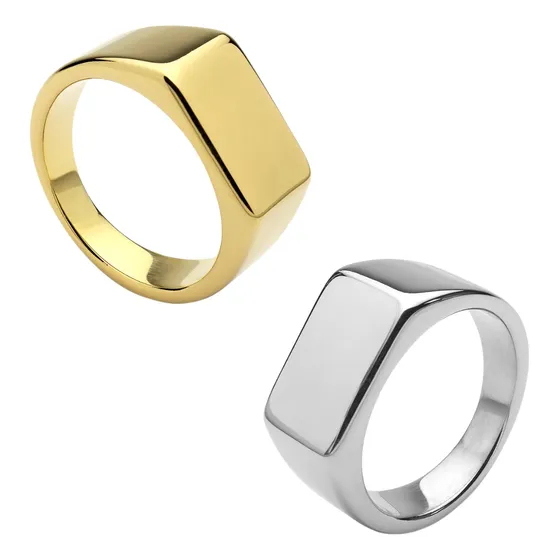 Anel Masculino Retangular Chapado Inox Preto Prata Dourado 