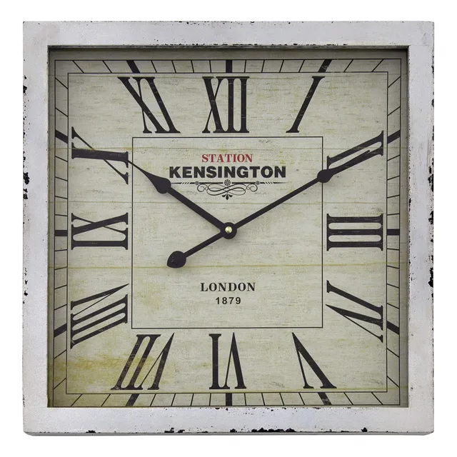 Decor Reloj Pared Cuadrado Madera Marco Blanco Cara Blanca