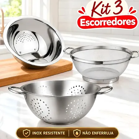 Kit 3 Peças Escorredor De Arroz Em Inox + Escorredor De Macarrão Inox Grande + Escorredor De Alimentos Mariazinha