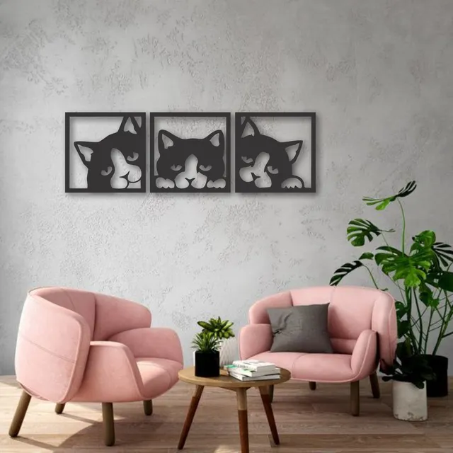 Cuadro Artesanal Triptico Gatitos Calado De Mdf - 87x30cm