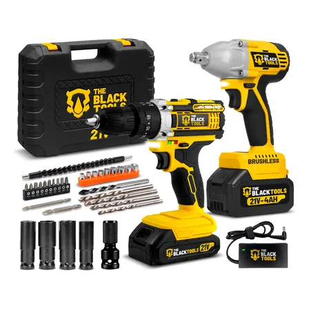 Combo Chave De Impacto A Bateria Brushless 430nm + Furadeira Parafusadeira De Impacto A Bateria 21v The Black Tools Amarelo 127/220v 60hz