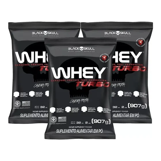 Combo 3x Whey Protein Turbo Refil - 907g Cada - Black Skull