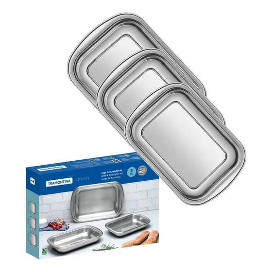 Jogo Formas Assadeira Inox Conjunto Bandeja Tramontina 3 Pçs