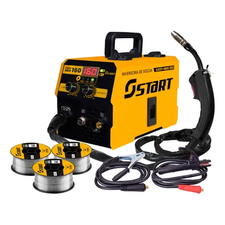 Máquina De Solda Inversora Mig 160a Sem Gás 3 Em 1 Tig Lift Easymig Start Com Kit 3 Arame De Solda Mig Uso Sem Gás Amarelo 220v