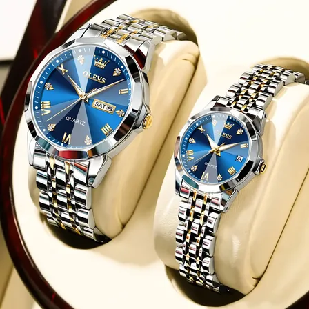 Par De Relógios Olevs 9931 Para Casal, Quartzo, Aço Inoxidável, Luminoso E À Prova D'água Prateado/dourado Prateado Azul