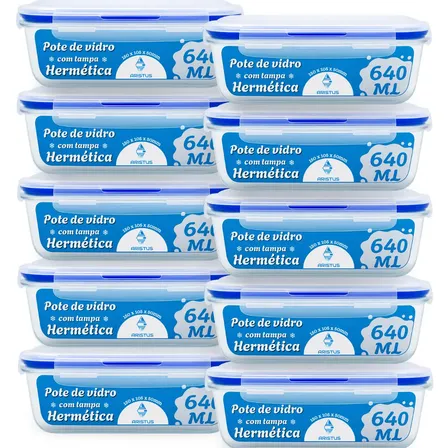 Kit 10 Potes Vidro Hermético Aristus 640ml Marmita Anti Vazamento Forno Micro-ondas Freezer Tampa 4 Travas - Azul