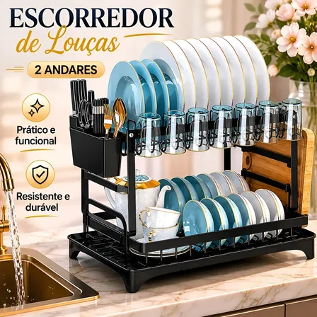 Escorredor De Pratos Suspenso Inox Preto Com Porta Talheres Preto