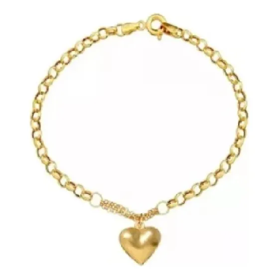 Pulseira Elo Português Ouro 18k Pingente Berloque Coração