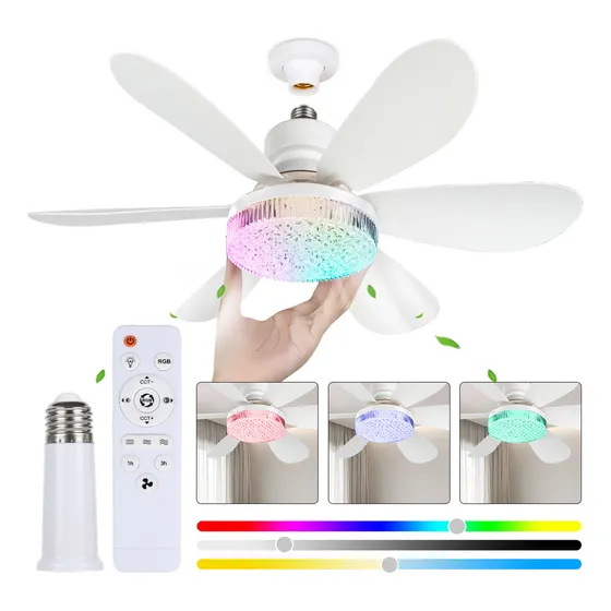 Lampara Ventilador De Techo Led Rgb 52cm Cubierta De Cristal, Control Remoto, Incluye Expansor Y Base De Abanico